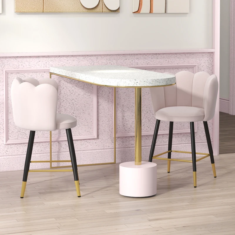 HOMCOM Bar Stools Set of 2 Modern Counter Height Bar Stools with Back, Footrest for Home Kitchen, 23.2"x20.5"x35.4", Pink