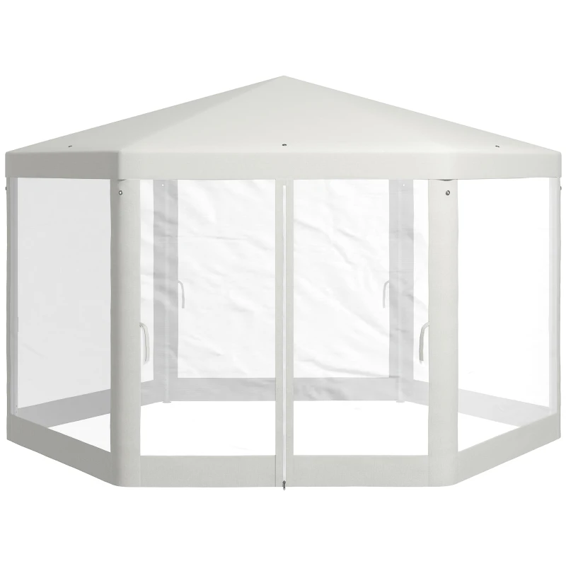 Outsunny Φ13' Hexagon Party Tent Patio Gazebo Outdoor Activity Event Canopy Quick Sun Shelter Pavilion with Netting Mesh Sidewall Cream White