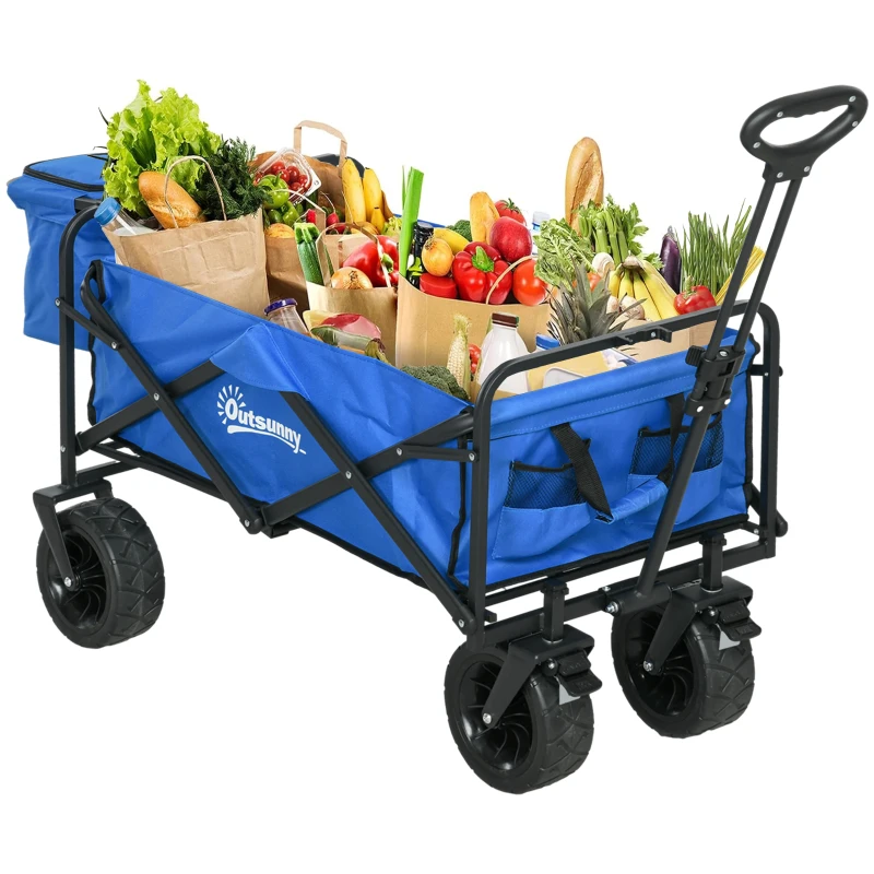 Outsunny Steel Frame Folding Garden Cart, Collapsible Wagon Cart with Cooler Bag, Telescopic Handle and Carrying Bag