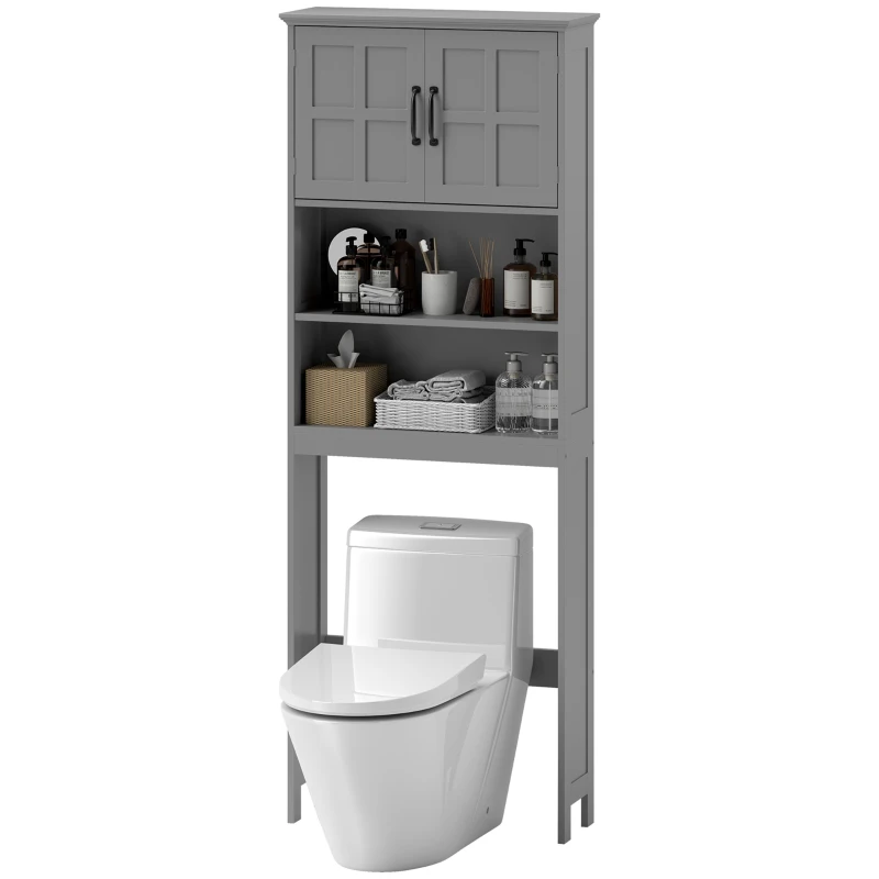 kleankin Modern Over The Toilet Storage, Bathroom Cabinets Over Toilet with Open Shelves and Double Door Cabinet, Grey
