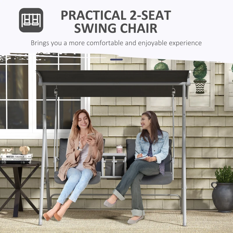 Outsunny 2-Seater Outdoor Porch Swing with Canopy and Table, Patio Swing Chair for Garden, Poolside, Backyard, Gray