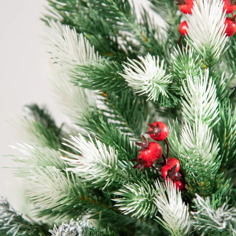 HOMCOM 6' Tall Unlit Snow-Flocked Fir Artificial Christmas Tree with Realistic Branches, Red Berries and 836 Tips, Green / White
