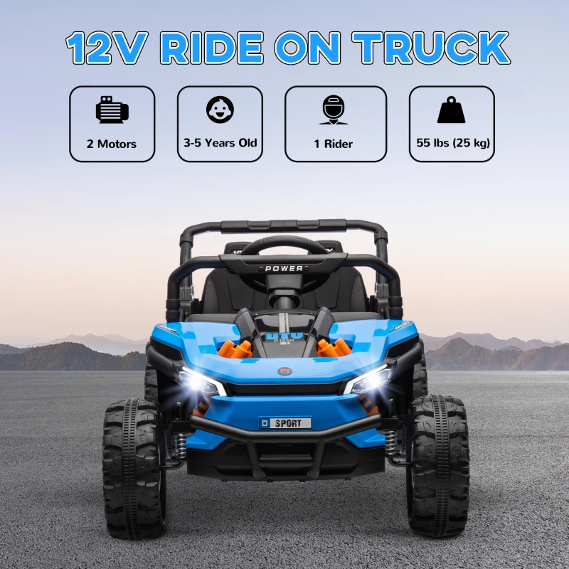 Qaba 12V Ride On Truck, Battery Powered Electric Car for Kids w/ Remote Control, 4-Wheel Suspension & LED Lights, Blue