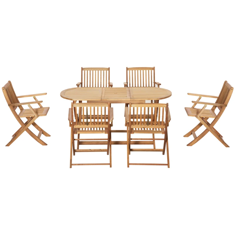 Outsunny 7 Piece Wood Patio Dining Set for 6, Dining Table and Chairs Set with Umbrella Holes, Folding Outdoor Patio Furniture, Teak