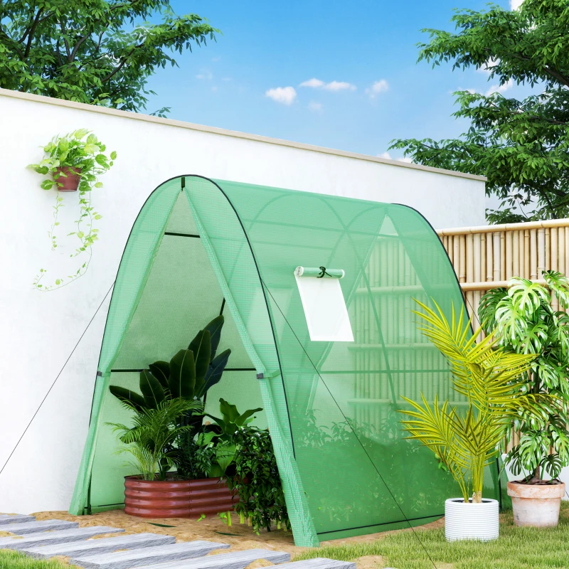 Outsunny Tunnel Hoop House Greenhouse with Sandbags and Hemmed PE Cover, 2 Doors and Screen Windows, 6' x 6' x 6.6', Green