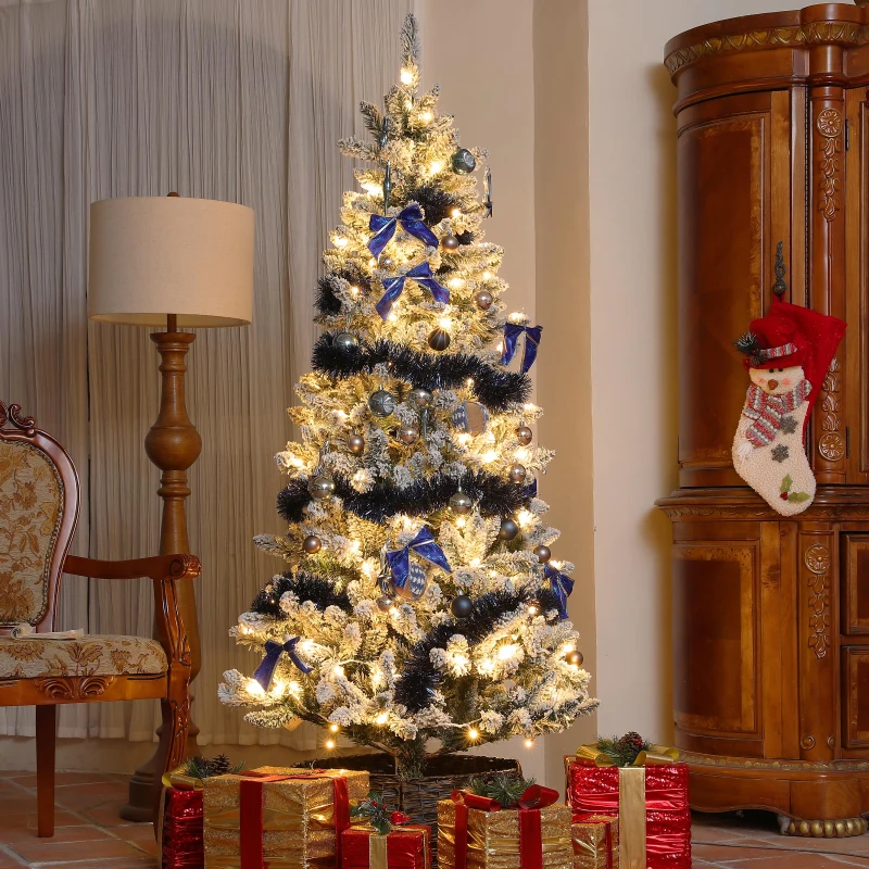 HOMCOM 6ft Prelit Artificial Christmas Tree with Blue Ornaments, Flocked Christmas Tree with LED Lights for Home Office