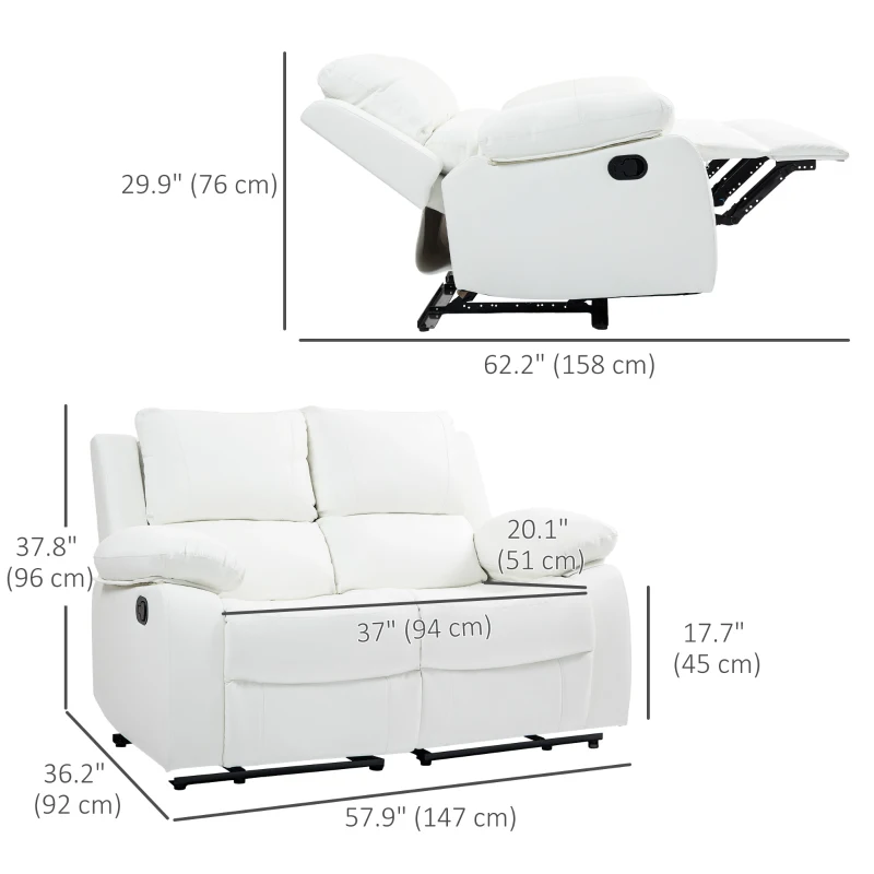 HOMCOM PU Leather Manual Recliner Sofa, Double Reclining Loveseat with Pullback Control Footrest for Living Room, White