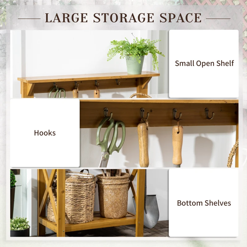 Outsunny 2-Level Outdoor Potting Bench, Wooden Potting Table with Storage Shelf and Top Hooks for Greenhouse, Garden, Patio