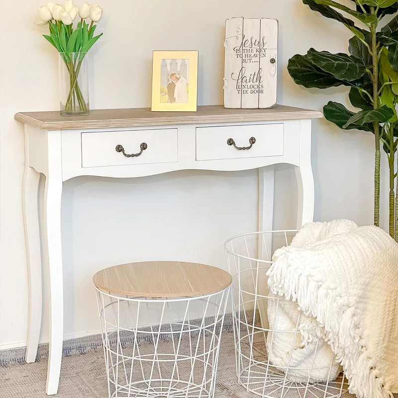 HOMCOM Entryway Console Table with 2 Convenient Storage Drawers, Tabletop for Display, and Vintage Design, White