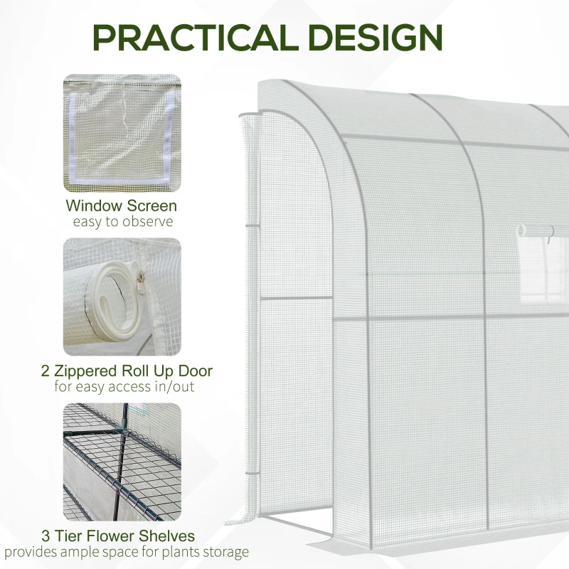 Outsunny 7' x 3' x 7' Outdoor Lean-to Walk-In Greenhouse w/ Roll-up Mesh Windows, Zipper Door and 3-Tier Shelves, White