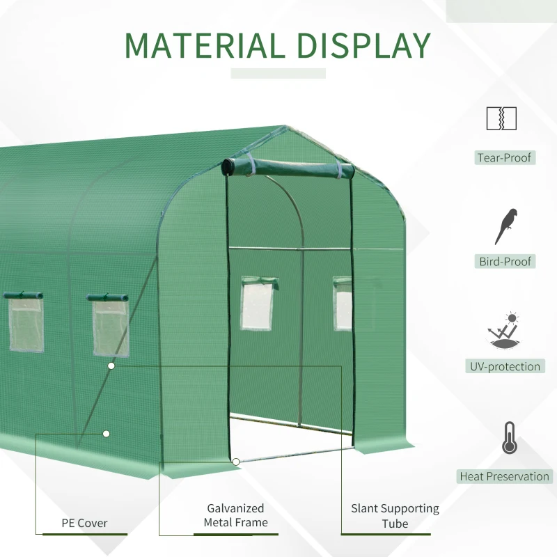 Outsunny 13' x 6.5' x 6.5' Steeple Walk-in Greenhouse Garden Plant Seed Grow Tent Polytennel with Windows and Door Green