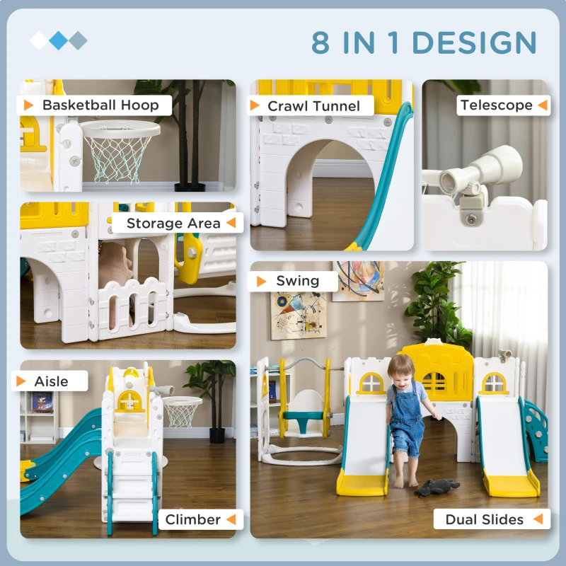 Qaba 8 in 1 Slide and Swing Set, Toddler Slide Set with Basketball Hoop, Climber, Steering Wheel, for Aged 1-3 Years, Yellow