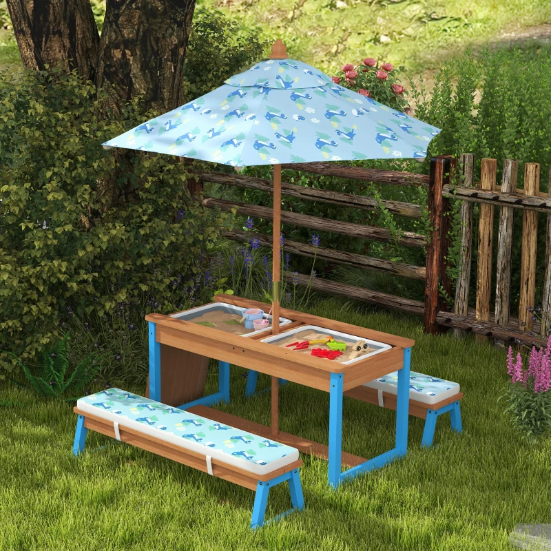 Qaba Kids Picnic Table Set with Foldable Umbrella, Removable Cushions & Boxes, Dinosaur Theme, Blue