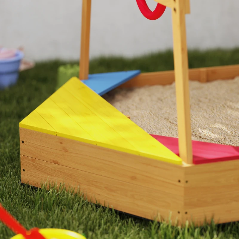 Qaba Wooden Kids Sandbox with Cover, 4 Seats, Rudder, Deck, Bottom Liner, 52" x 40" x 55.5", for Ages 3-8, Yellow