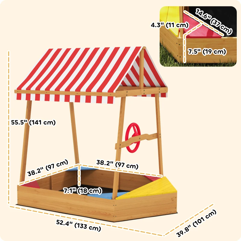 Qaba Wooden Kids Sandbox with Cover, 4 Seats, Rudder, Deck, Bottom Liner, 52" x 40" x 55.5", for Ages 3-8, Yellow