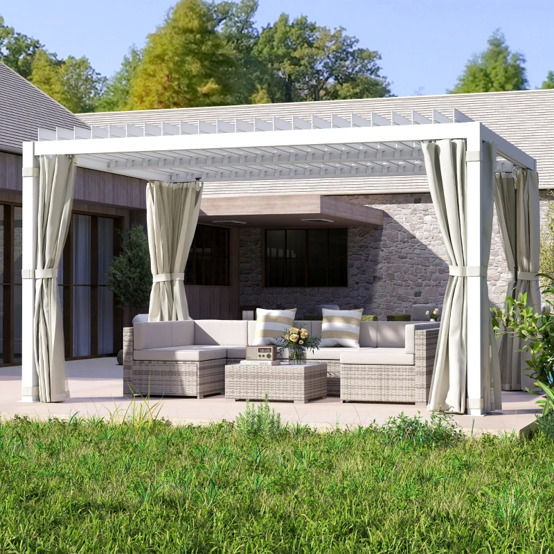 Outsunny 10' x 13' Outdoor Retractable Pergola w/ Sun Shade Aluminum Louvered Top, Pergola w/ Canopy, Curtains, Netting, Cream