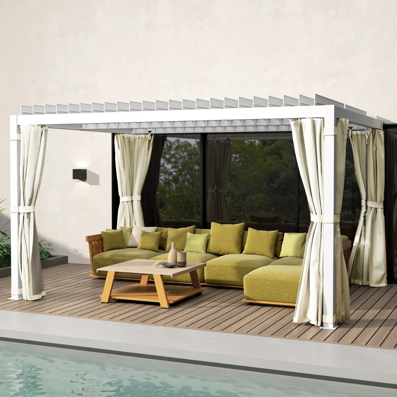 Outsunny 10' x 13' Outdoor Retractable Pergola w/ Sun Shade Aluminum Louvered Top, Pergola w/ Canopy, Curtains, Netting, Cream
