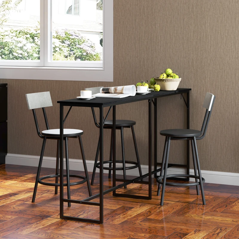 HOMCOM 70" Bar Table with Charging Station, Industrial Rectangular Bar Height Pub Table with Steel Frame, Black Wood Grain