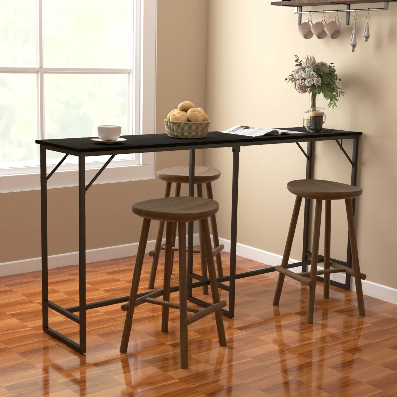 HOMCOM 70" Bar Table with Charging Station, Industrial Rectangular Bar Height Pub Table with Steel Frame, Black Wood Grain