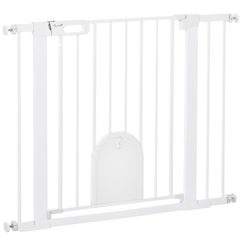 PawHut 30"-41" Extra Wide Pet Gate Barrier with Small Door, 30"H Dog Gate with Safety Gate Barrier, Stair Pressure Fit, White
