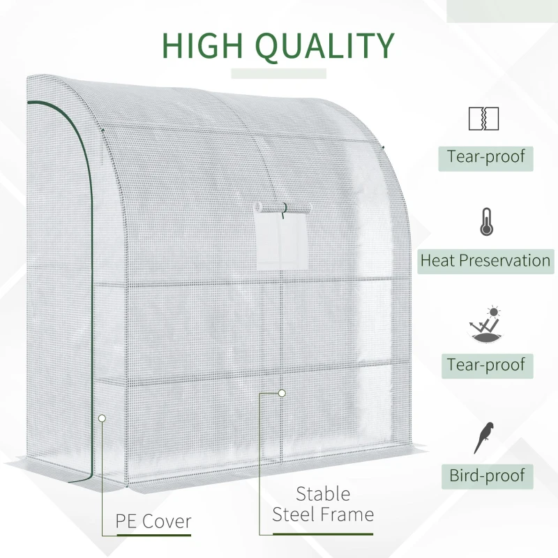 Outsunny 7' x 3' x 7' Outdoor Lean-to Walk-In Greenhouse w/ Roll-up Mesh Windows, Zipper Door and 3-Tier Shelves, White