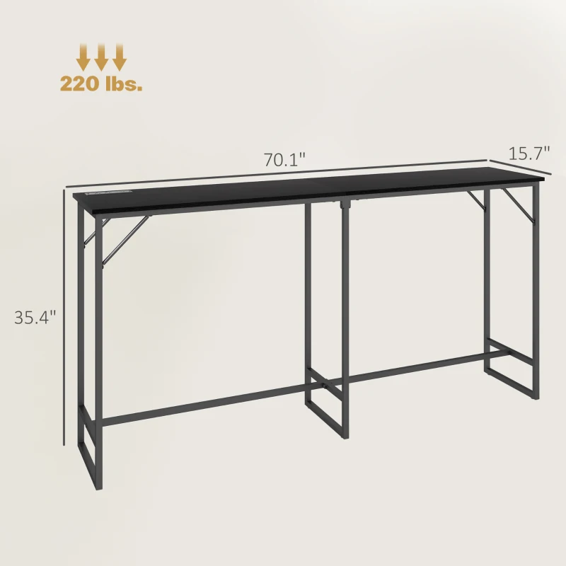 HOMCOM 70" Bar Table with Charging Station, Industrial Rectangular Bar Height Pub Table with Steel Frame, Black Wood Grain