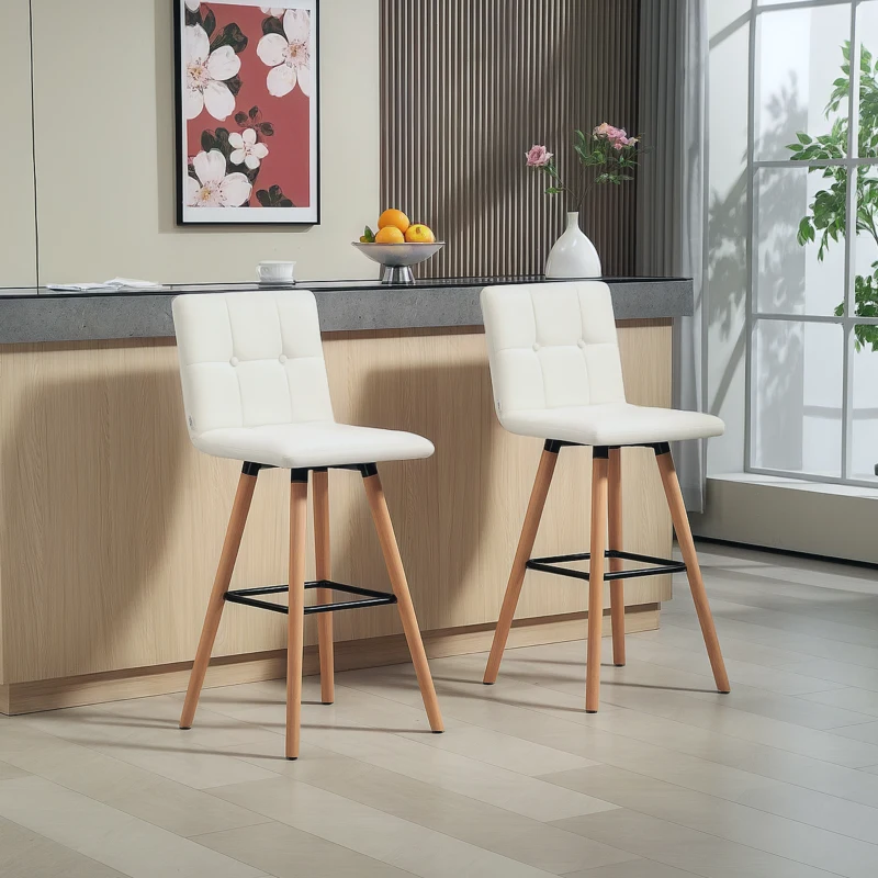 HOMCOM Modern Bar Stools Set of 2, 38" Upholstered Kitchen Island Stool with Solid Wood Legs, White