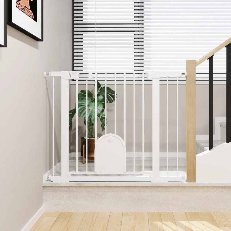 PawHut 30"-41" Extra Wide Pet Gate Barrier with Small Door, 30"H Dog Gate with Safety Gate Barrier, Stair Pressure Fit, White