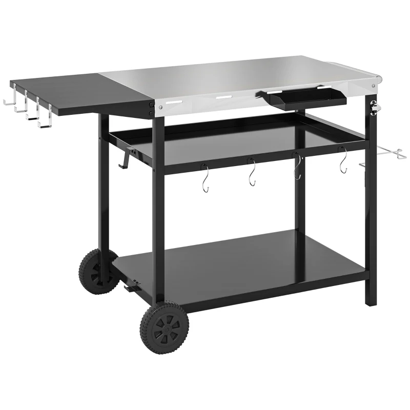 Outsunny Outdoor Bar Cart BBQ Table with Wheels, Stainless Steel Pizza Oven Stand, Outdoor Kitchen Cart with Storage and Hooks
