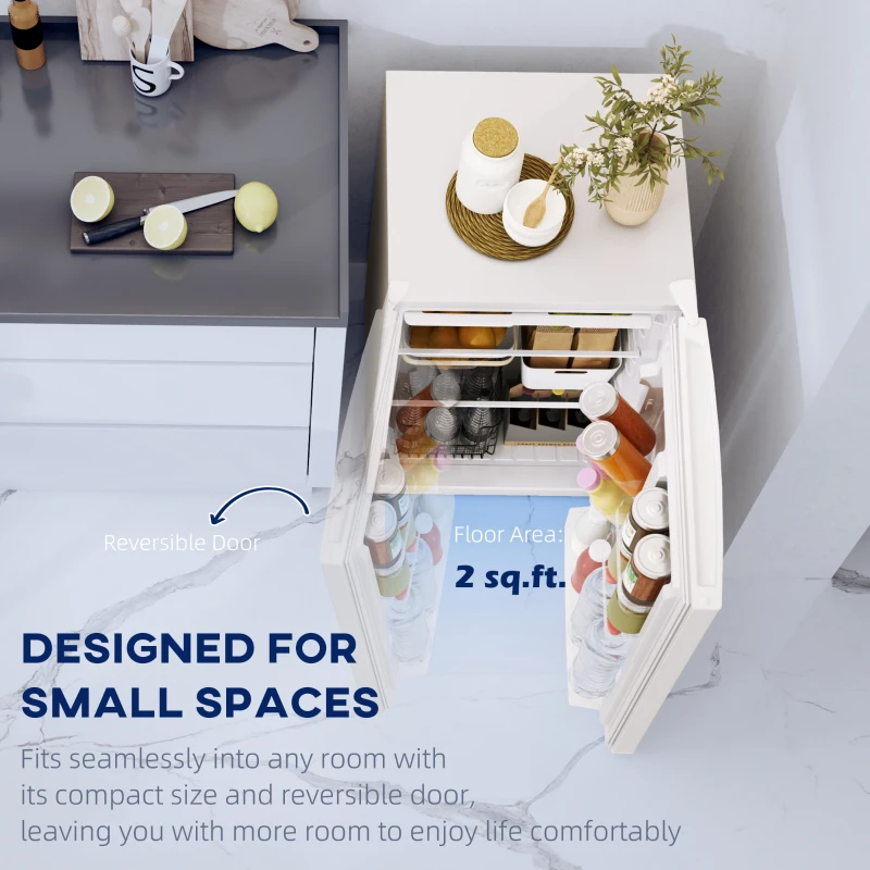 HOMCOM 4.5 Cu.Ft Mini Fridge, Single Door Refrigerator with Freezer, Wheels, Adjustable Thermostat, Reversible Door, White