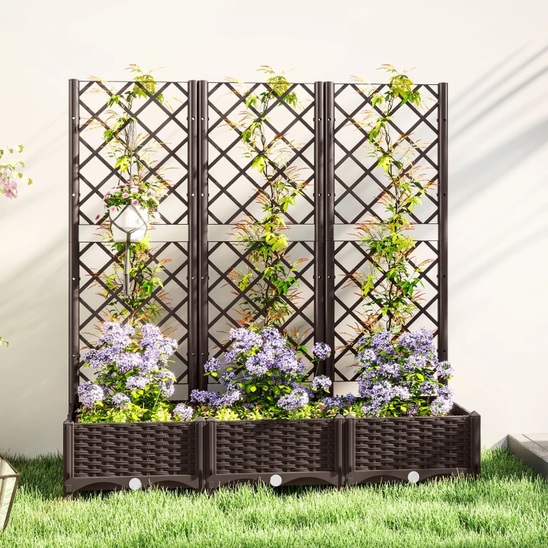 Outsunny Raised Garden Bed with Trellis, PE Rattan Flower Bed with Drainage Holes and Drain Plugs, 47" x 16" x 48"