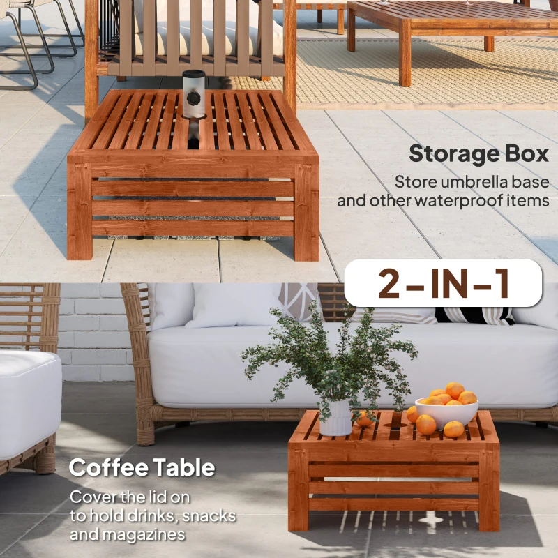 Outsunny 2-in-1 Outdoor Storage Box for Umbrella Base, Coffee End Table, Wooden Patio Umbrella Stand Table, Brown