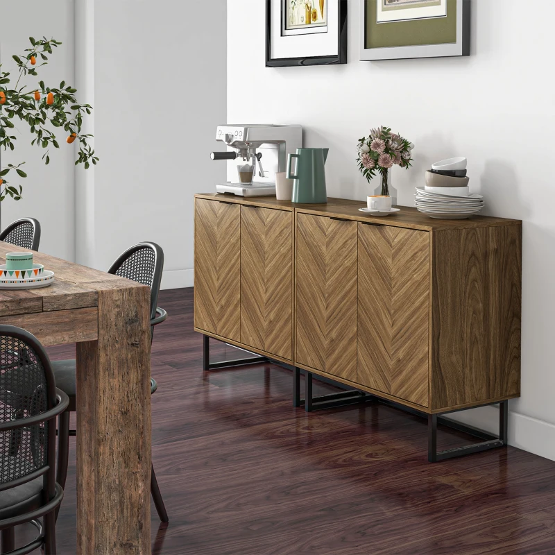 HOMCOM Kitchen Storage Cabinet Buffet Cabinet Sideboard with Chevron Double Doors Adjustable Shelf Set of 2 Walnut