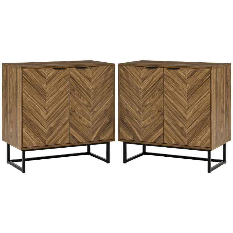 HOMCOM Kitchen Storage Cabinet Buffet Cabinet Sideboard with Chevron Double Doors Adjustable Shelf Set of 2 Walnut