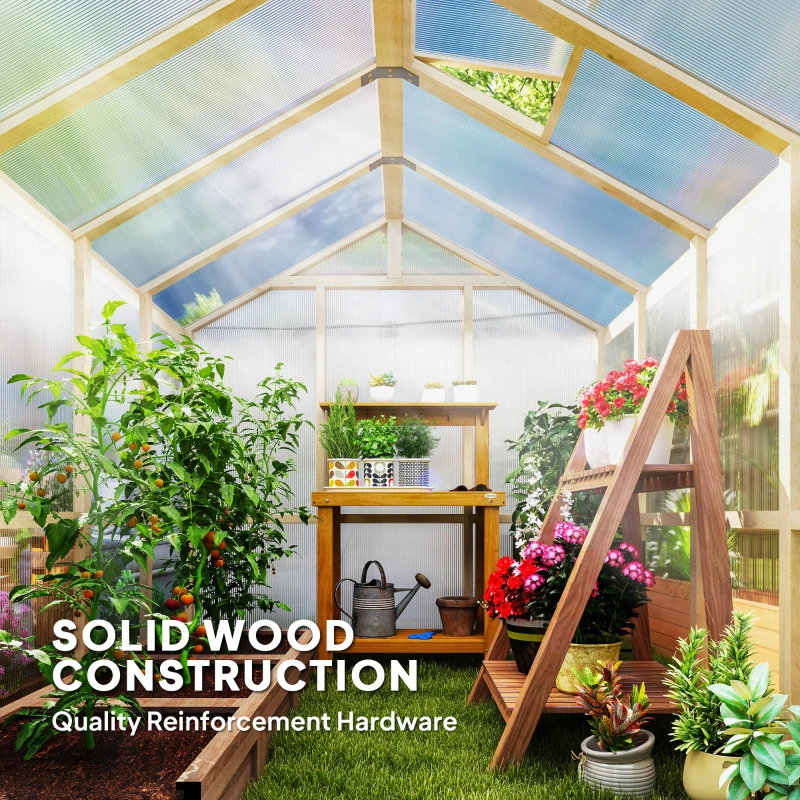 Outsunny 6.6 x 8 ft. Polycarbonate Greenhouse Wooden Walk-in Greenhouse Kit with Thickened Panels, Roof Vent, and Lockable Door