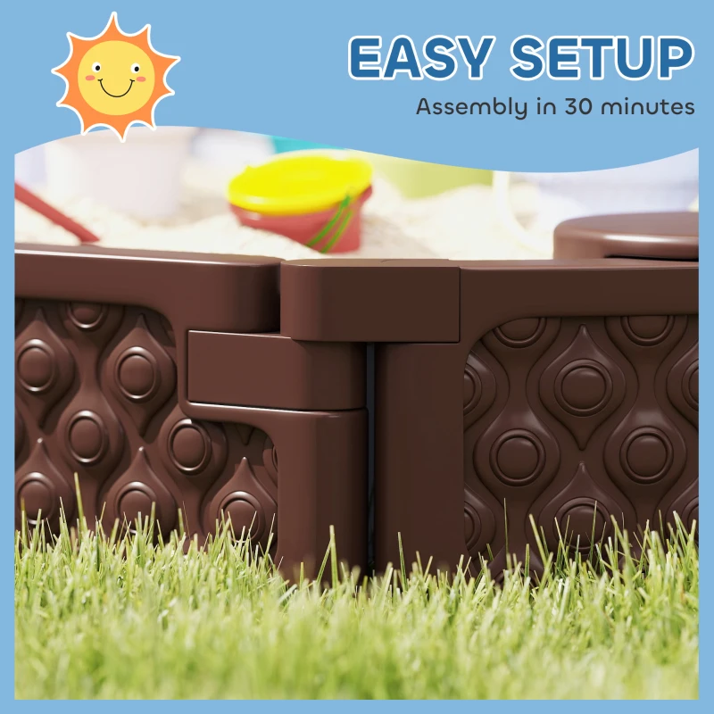 Qaba Kids Sandbox with Cover, 4 Corner Seats, Bottom Liner for Backyard, Garden, Outdoor, 71" x 42" W x 9", Dark Brown