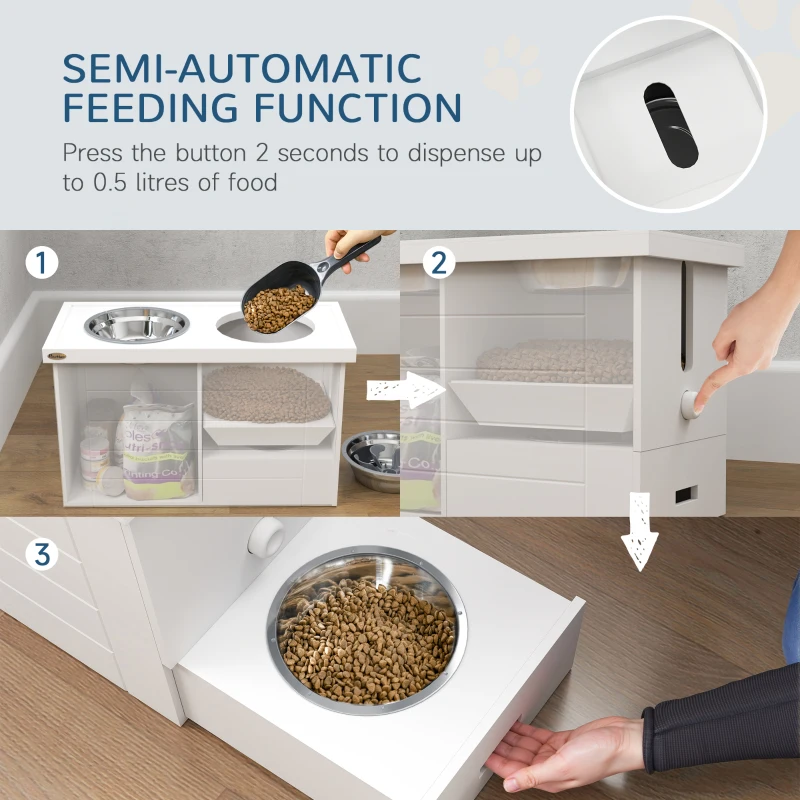 PawHut Elevated Dog Bowls with Slow Feeder Mat, Storage Cabinet, 3 Stainless Steel Bowls for Large & Extra Large Dogs, White