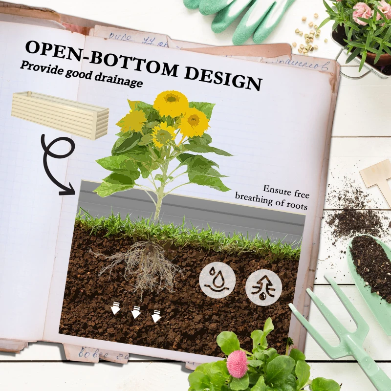 Outsunny 8x2x2ft Galvanized Raised Garden Bed Kit with Safety Edging for Flowers, Herbs and Vegetables, Cream White