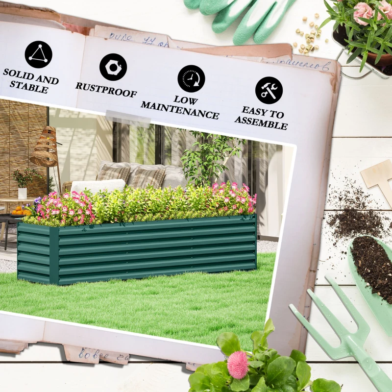Outsunny 8x2x2ft Galvanized Raised Garden Bed Kit with Safety Edging for Flowers, Herbs and Vegetables, Green