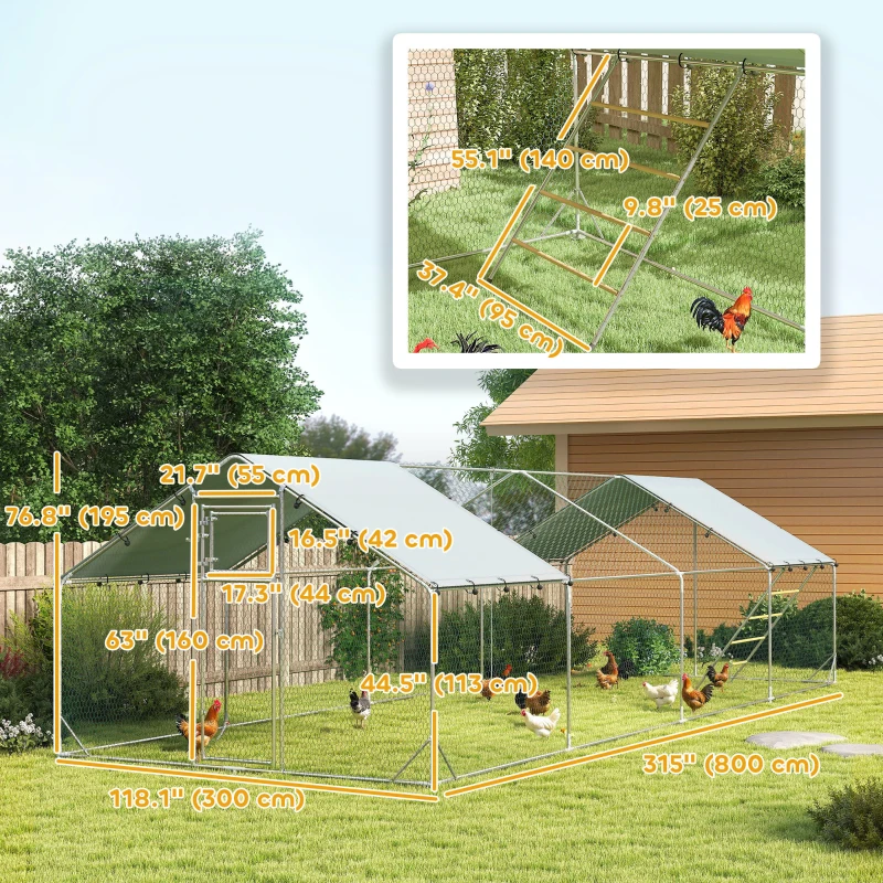 PawHut Large Metal Chicken Run with Waterproof & UV-Resistant Cover, Feeding Door, Hanging Feeder, Perch for 24-30 Chickens