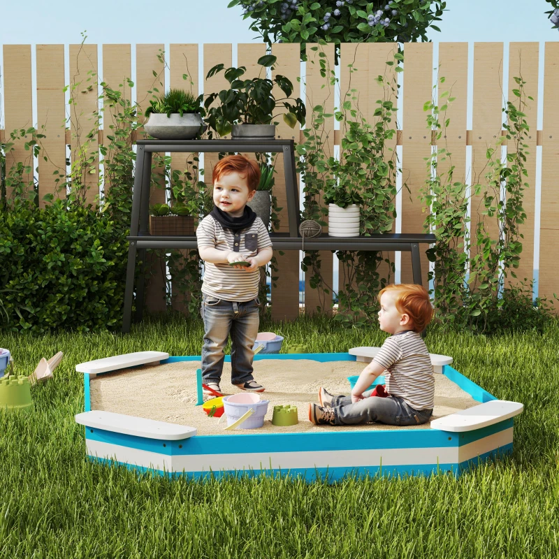 Qaba Kids Sandbox with 4 Corner Seats, Bottom Liner for Backyard, Garden, Outdoor, 52" x 52" x 6", Blue