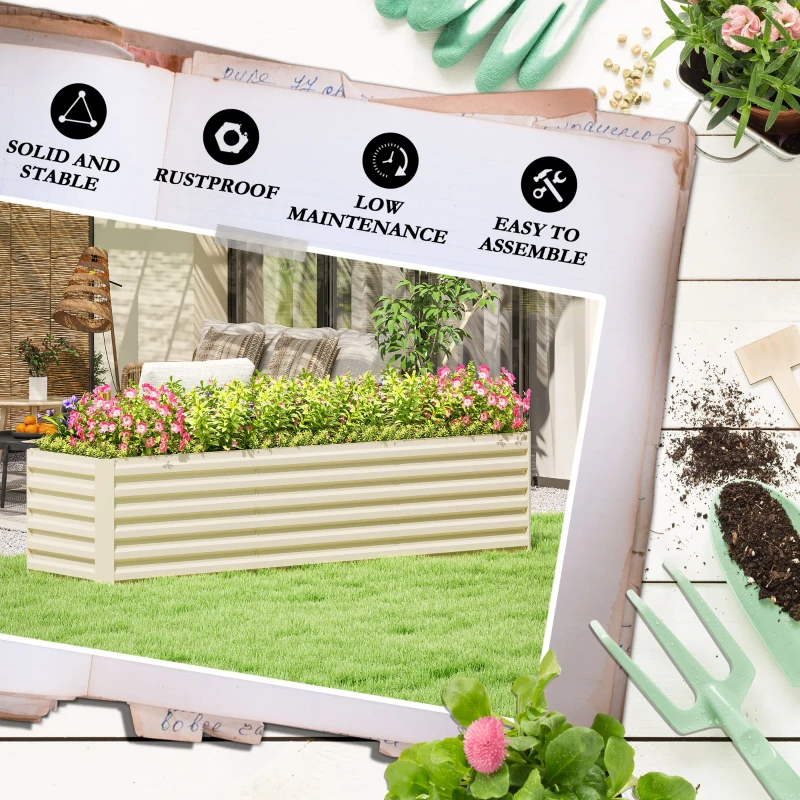 Outsunny 8x2x2ft Galvanized Raised Garden Bed Kit with Safety Edging for Flowers, Herbs and Vegetables, Cream White