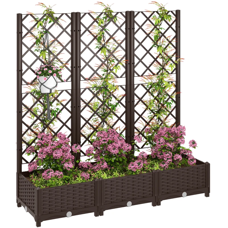 Outsunny Raised Garden Bed with Trellis, PE Rattan Flower Bed with Drainage Holes and Drain Plugs, 47" x 16" x 48"