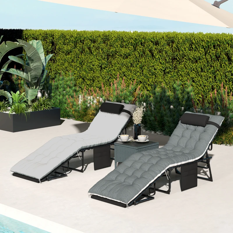 Outsunny Outdoor Chaise Lounge Chair Set of 2, 5-Level Adjustable Folding Pool Lounge Chairs with Cushions, Black/Gray