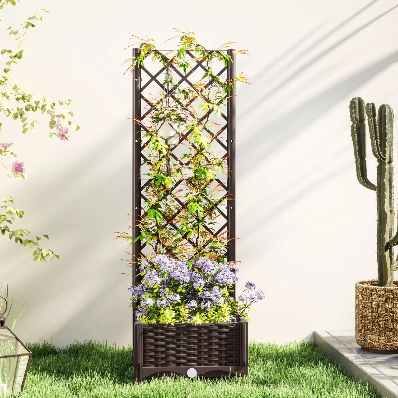 Outsunny Raised Garden Bed with Trellis, Plastic Raised Flower Bed with Drainage Holes and Drain Plugs, 16" x 16" x 48"