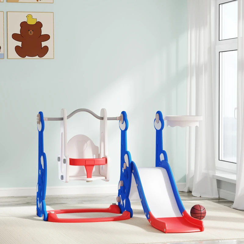 Qaba 4-in-1 Slide and Swing Set with Basketball Hoop, Climber, for Ages 1.5-4 Boys Girls Toddler, Rocket Themed, Dark Blue