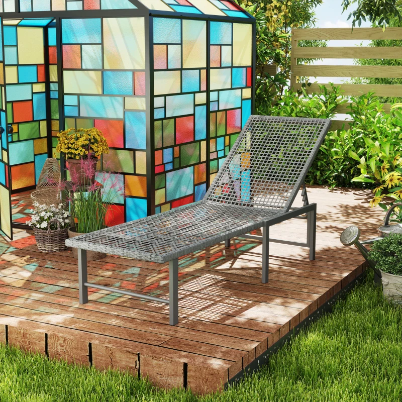 Outsunny Wicker Outdoor Lounge Chair, Rattan Reclining Patio Lounger Tanning Chair with Adjustable Back, Light Grey