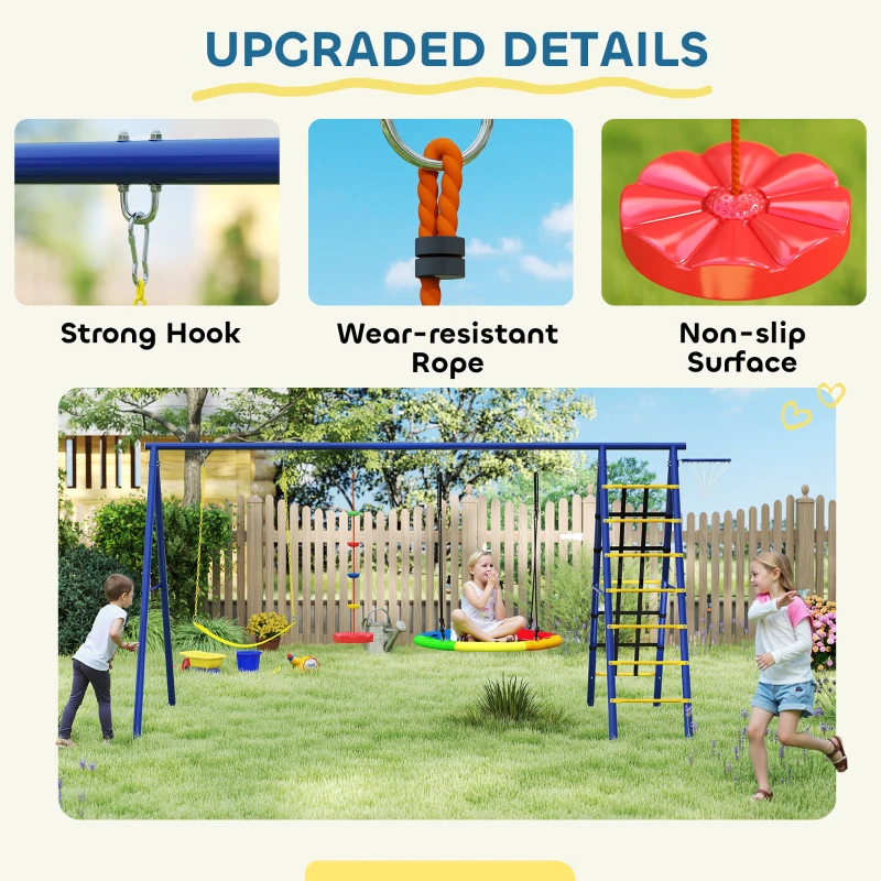 Qaba 6 in 1 Kids Swing Set with 1 Saucer Swing, 1 Belt Swing, 1 Disc Rope Swing, Climbing Ladder and Net, Basketball Hoop