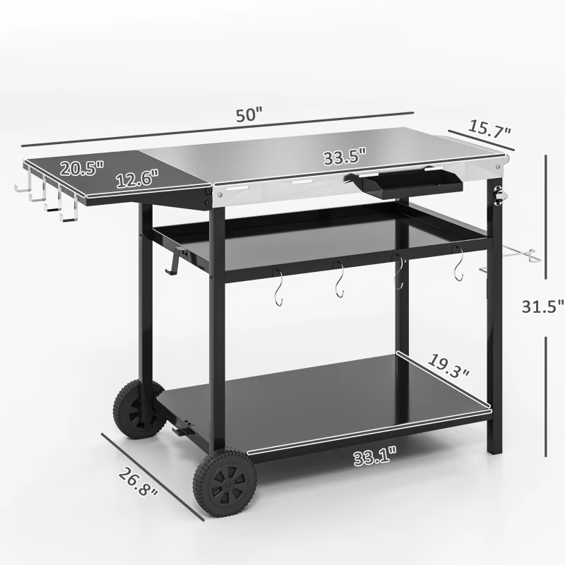 Outsunny Outdoor Bar Cart Grill Table with Stainless Steel Tabletop, Wheeled Outdoor Serving Cart Prep Table with Storage, Hooks