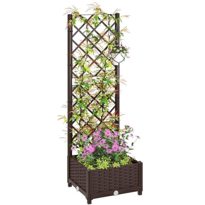 Outsunny Raised Garden Bed with Trellis, Plastic Raised Flower Bed with Drainage Holes and Drain Plugs, 16" x 16" x 48"